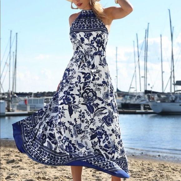 Boho Floral Print Belted Halter Maxi Dress - Picture 7 of 8